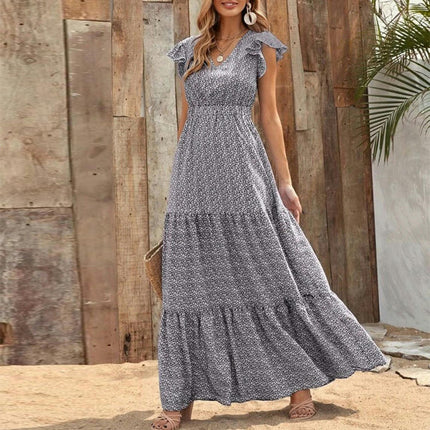 Summer Maxi Dress for Women Casual V Neck Ruffle Sleeve Tiered Flowy Long Floral Dress