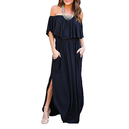 Women's Ruffle Off Shoulder Maxi Dress Sexy Strapless Long Side Slit Dresses