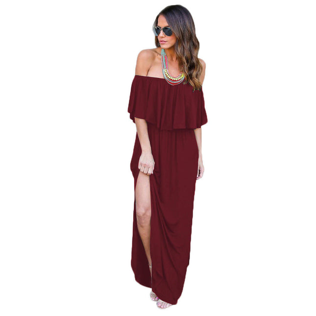 Women's Ruffle Off Shoulder Maxi Dress Sexy Strapless Long Side Slit Dresses