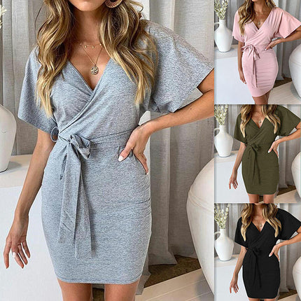 Women's Summer Dresses Sexy Short Sleeve V Neck Tie Bodycon Mini Dress