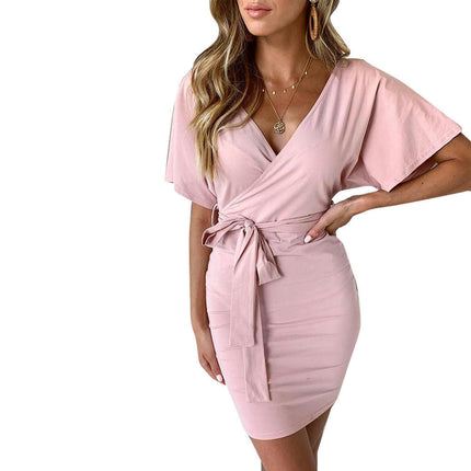 Women's Summer Dresses Sexy Short Sleeve V Neck Tie Bodycon Mini Dress