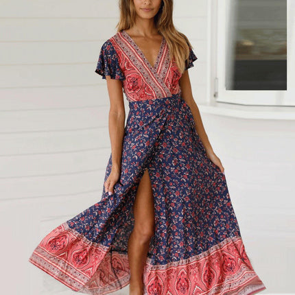 Womens Summer Short Sleeve V Neck Floral Print Casual Tie Slit Maxi Dresses