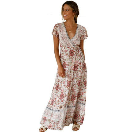 Womens Summer Short Sleeve V Neck Floral Print Casual Tie Slit Maxi Dresses