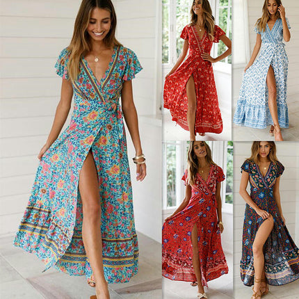 Womens Summer Short Sleeve V Neck Floral Print Casual Tie Slit Maxi Dresses