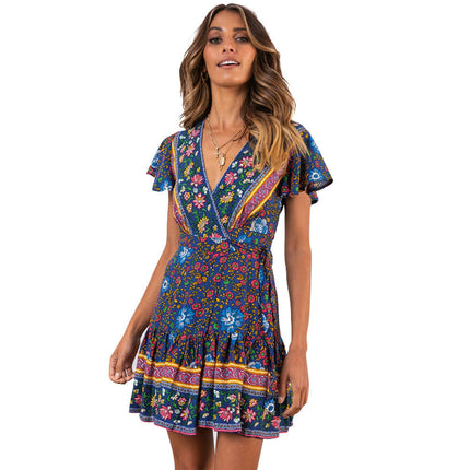 Womens Casual Short Sleeve V Neck Tie Waist Boho Floral Ruffle Hem Mini Dress