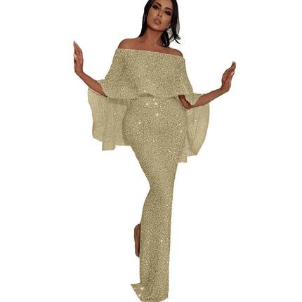 Womens Party Maxi Dress Elegant Sequins Off The Shoulder Ruffle Dress Long Bodycon Dresses