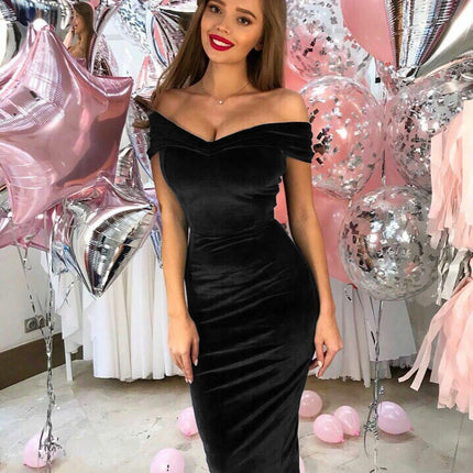 Women Ruched Off Shoulder Dress Bodycon Party Elegant Midi Dresses