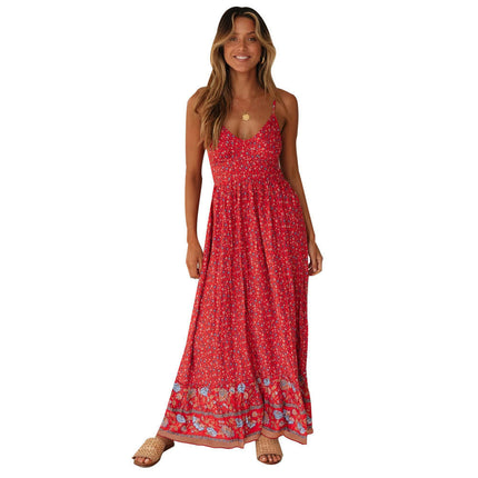 Women's Boho Floral Maxi Dress Flowy Casual V Neck Sleeveless Spaghetti Strap Long Dress