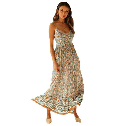 Women's Boho Floral Maxi Dress Flowy Casual V Neck Sleeveless Spaghetti Strap Long Dress