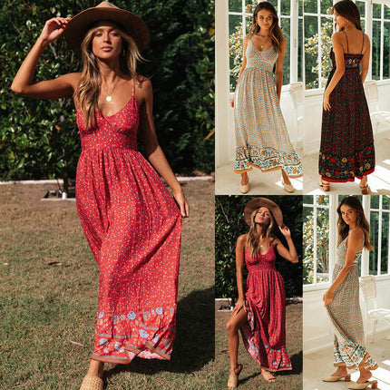 Women's Boho Floral Maxi Dress Flowy Casual V Neck Sleeveless Spaghetti Strap Long Dress