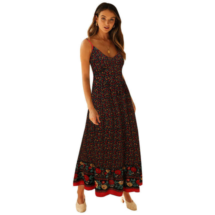 Women's Boho Floral Maxi Dress Flowy Casual V Neck Sleeveless Spaghetti Strap Long Dress