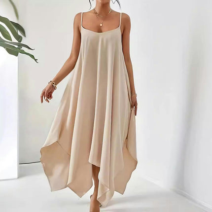 Women's Solid Maxi Dress Summer Sleeveless Spaghetti Strap Long Asymmetrical Hem Dresses