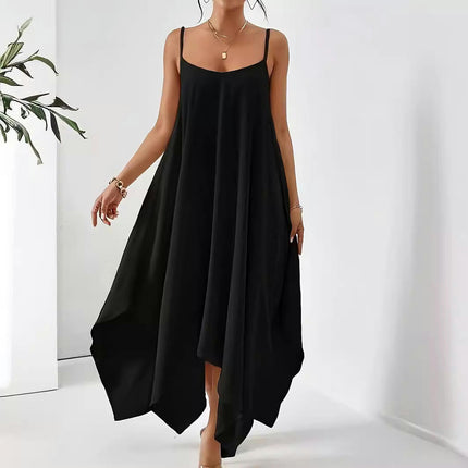 Women's Solid Maxi Dress Summer Sleeveless Spaghetti Strap Long Asymmetrical Hem Dresses