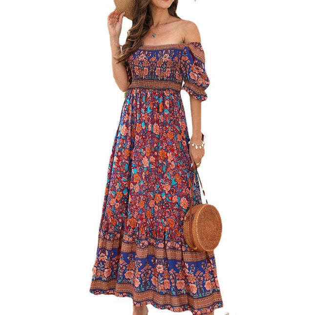 Women Floral Boho Maxi Dress Off Shoulder Puff Short Sleeve Summer Ruffles Flowy Dress