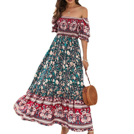 Women Floral Boho Maxi Dress Off Shoulder Puff Short Sleeve Summer Ruffles Flowy Dress