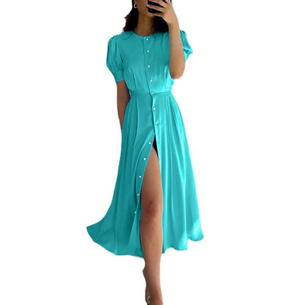 Women Casual Summer Dresses Crew Neck Ruffle Short Sleeve Button Down Flowy Maxi Dress