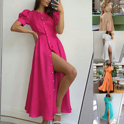 Women Casual Summer Dresses Crew Neck Ruffle Short Sleeve Button Down Flowy Maxi Dress