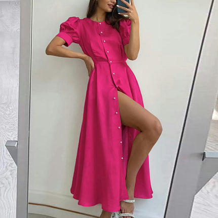 Women Casual Summer Dresses Crew Neck Ruffle Short Sleeve Button Down Flowy Maxi Dress