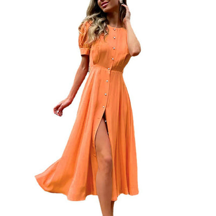 Women Casual Summer Dresses Crew Neck Ruffle Short Sleeve Button Down Flowy Maxi Dress