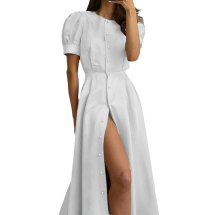 Women Casual Summer Dresses Crew Neck Ruffle Short Sleeve Button Down Flowy Maxi Dress