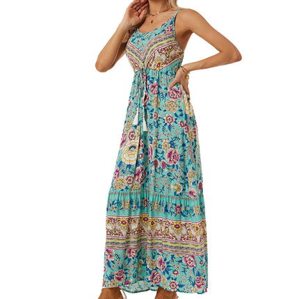 Women's Summer Maxi Dress Casual V-Neck Sleeveless Spaghetti Strap Floral Beach Long Dresses