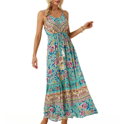 Women's Summer Maxi Dress Casual V-Neck Sleeveless Spaghetti Strap Floral Beach Long Dresses