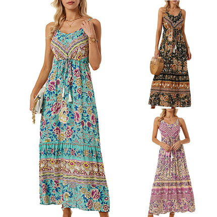 Women's Summer Maxi Dress Casual V-Neck Sleeveless Spaghetti Strap Floral Beach Long Dresses