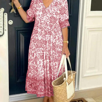 Women's Summer Maxi Dress Casual Boho Floral V Neck Short Sleeve Beach Long Dresses