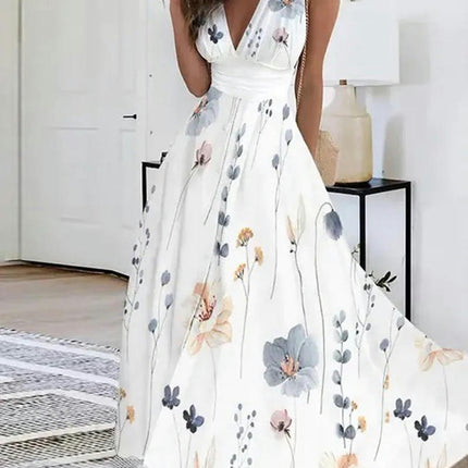 Women's Floral Print Maxi Dresses Sleeveless Deep V Neck Boho Dress