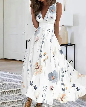 Women's Floral Print Maxi Dresses Sleeveless Deep V Neck Boho Dress