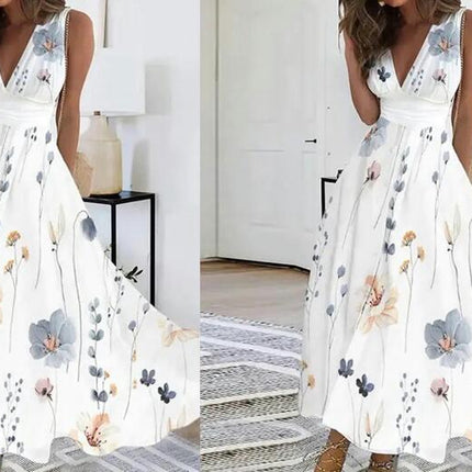 Women's Floral Print Maxi Dresses Sleeveless Deep V Neck Boho Dress