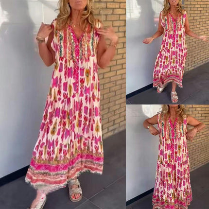 Women's Floral Print Maxi Dresses Sleeveless V Neck Button Down Boho Dress