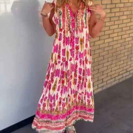 Women's Floral Print Maxi Dresses Sleeveless V Neck Button Down Boho Dress