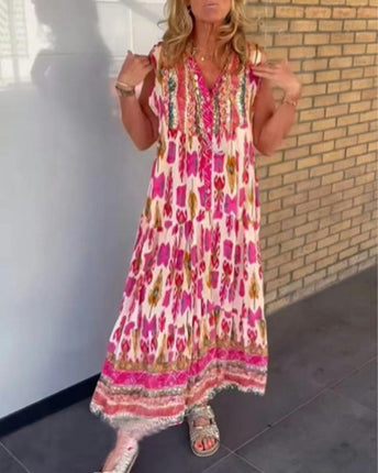 Women's Floral Print Maxi Dresses Sleeveless V Neck Button Down Boho Dress