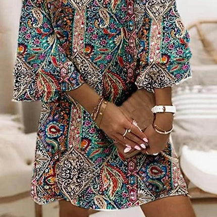 Women's Dresses Summer Bohemian Casual 3/4 Flare Sleeve Floral Print Mini Dress