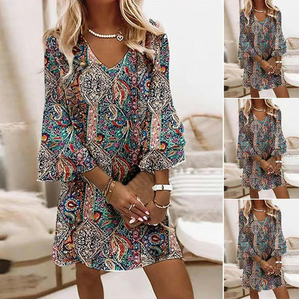 Women's Dresses Summer Bohemian Casual 3/4 Flare Sleeve Floral Print Mini Dress