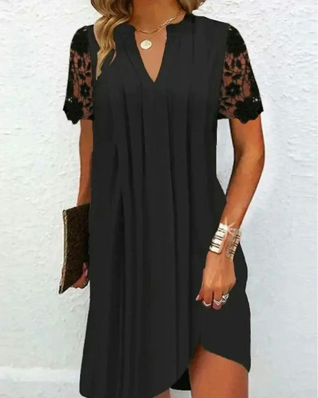 Women's Casual Dress Loose V Neck Lace Short Sleeve Mini Summer Dresses