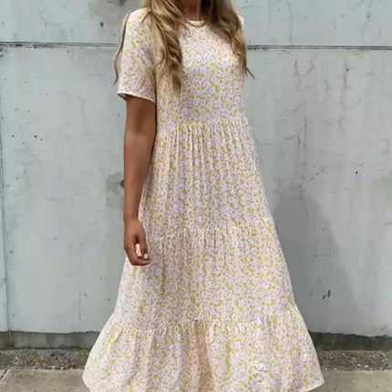 Women Boho Maxi Dresses Crew-Neck Short Sleeve Summer Floral Flowy Tiered Long Dress