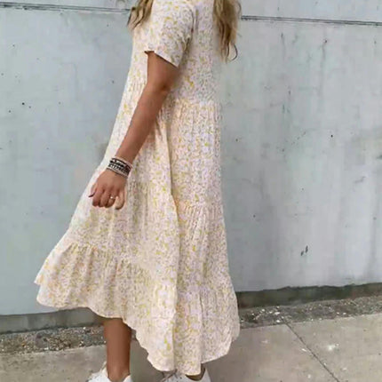 Women Boho Maxi Dresses Crew-Neck Short Sleeve Summer Floral Flowy Tiered Long Dress