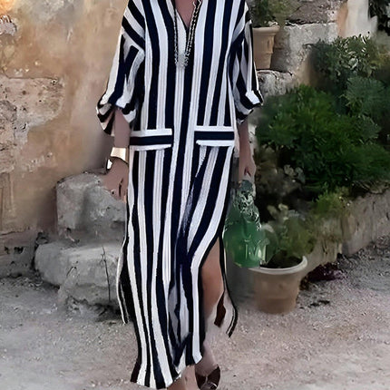 Women Summer Casual V Neck 3/4 Sleeve Dress Side Slits Striped Maxi Dress