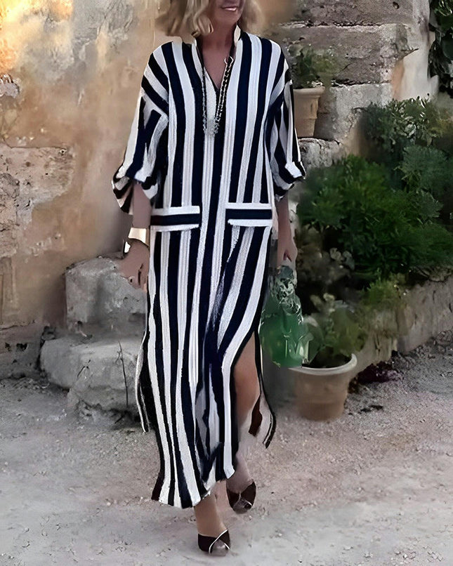 Women Summer Casual V Neck 3/4 Sleeve Dress Side Slits Striped Maxi Dress