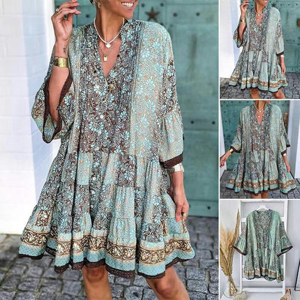 Women's Casual Floral Print Dress Loose V Neck 3/4 Bell Sleeve Flowy Mini Summer Dresses