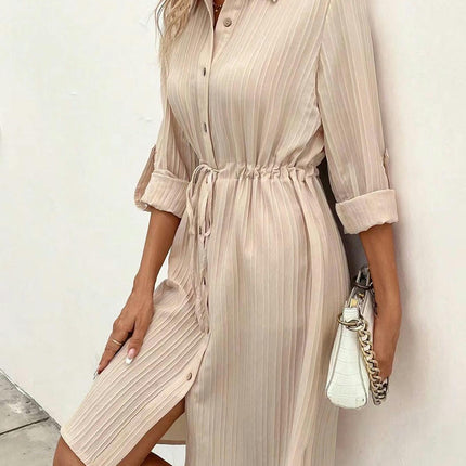 Womens Casual Midi Dresses Solid V Neck Roll Up Sleeve Button Down Drawstring Shirt Dress