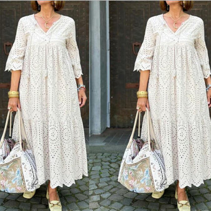 Women Eyelet Maxi Dress Hollow Summer V Neck Bell Sleeve Ruffle Flowy Long Dress