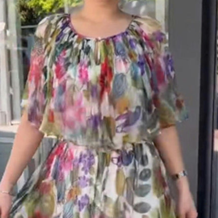 Womens Flowy Dresses Summer Casual Ruffled Sleeve Empire Waist Boho Floral Print Long Dress