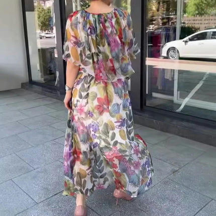 Womens Flowy Dresses Summer Casual Ruffled Sleeve Empire Waist Boho Floral Print Long Dress