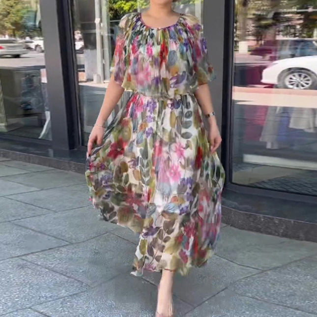 Womens Flowy Dresses Summer Casual Ruffled Sleeve Empire Waist Boho Floral Print Long Dress