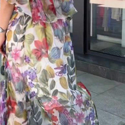 Womens Flowy Dresses Summer Casual Ruffled Sleeve Empire Waist Boho Floral Print Long Dress