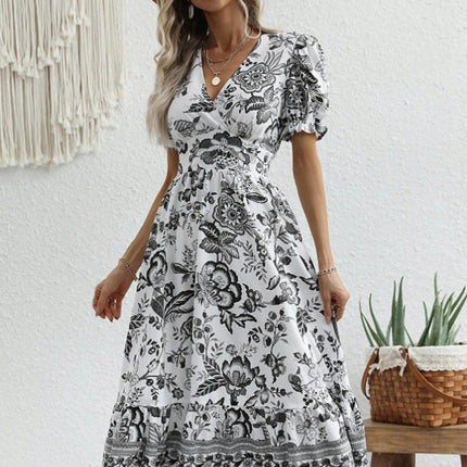 Women's Boho Floral Maxi Dress Puffy Short Sleeve V Neck Casual Long Beach Dress