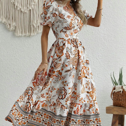 Women's Boho Floral Maxi Dress Puffy Short Sleeve V Neck Casual Long Beach Dress